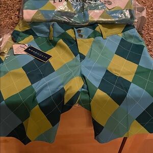 2 woodworth Loudmouth golf women &Men's Argyle Flat Front Shorts - Blue, Green.